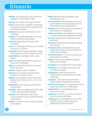 140
Glosario
PROYECTO SÉ, EDICIÓN ESPECIAL © EDICIONES SM
adición. Una operación que consiste en
agregar una cantidad a otra.
ángulo. Dos rayos con origen común.
área. El número de unidades cuadradas
necesarias para cubrir la superﬁcie de
una ﬁgura cerrada.
centena. Grupo de diez decenas o cien
unidades.
cilindro. Un sólido geométrico con dos
caras circulares congruentes.
cociente. Resultado de la operación
de dividir.
cono. Un sólido geométrico con una base
circular y un vértice.
cuadrado. Un polígono que tiene cuatro
lados iguales y cuatro ángulos rectos.
cuadrilátero. Un polígono de cuatro
lados.
cubo. Un sólido geométrico cuyas seis
caras son cuadrados.
datos. La información que se usa para
hacer cálculos.
decena. Grupo de diez unidades.
diferencia. El número que resulta de
restarle un número a otro.
dígitos. Los símbolos que se usan para
representar números: 0, 1, 2, 3, 4, 5, 6,
7, 8 y 9.
dividendo. El número que se divide en
una división.
divisible. Que se puede dividir entre otro
número sin que quede residuo.
división. Una operación que indica
cuántos grupos hay o cuántos hay de
cada grupo.
divisor. El número entre el cual se divide
el dividendo.
doble. Resultado de multiplicar una
cantidad por dos.
eje de simetría. Una línea por la cual se
puede doblar una ﬁgura para que las
dos mitades sean congruentes.
factores. Los números que se multiplican
para obtener un producto.
gráﬁca de barras. Una gráﬁca en la que
se usan barras para representar datos.
horario. Manecilla del reloj que indica
las horas.
minutero. Manecilla del reloj que señala
los minutos.
multiplicación. Una operación que se
puede interpretar como la adición de
sumandos repetidos.
número ordinal. Un número que se usa
para indicar el orden.
patrón. Sucesión de objetos, sucesos o
ideas que se repiten.
pentágono. Un polígono de cinco lados.
perímetro. La medida del contorno de
una ﬁgura cerrada.
pictograma. Gráﬁca en la que la
información se representa por medio
de dibujos.
polígono. Una ﬁgura plana cerrada
compuesta por segmentos de recta.
prisma rectangular. Un sólido geométrico
cuyas seis caras son rectángulos.
probabilidad. La posibilidad de que
ocurra un suceso.
reagrupar. Llamar a un número entero
de una manera diferente.
rectángulo. Un cuadrilátero con cuatro
ángulos rectos y lados opuestos
paralelos de igual longitud.
 