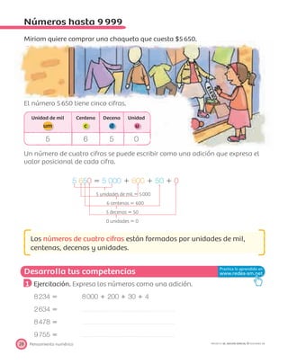 Desarrolla tus competencias
Pensamiento numérico28 PROYECTO SÉ, EDICIÓN ESPECIAL © EDICIONES SM
Números hasta 9 999
Miriam quiere comprar una chaqueta que cuesta $5650.
El número 5650 tiene cinco cifras.
Unidad de mil
um
Centena
c
Decena
d
Unidad
u
5 6 5 0
Un número de cuatro cifras se puede escribir como una adición que expresa el
valor posicional de cada cifra.
5 650 ϭ 5 000 ϩ 600 ϩ 50 ϩ 0
5 unidades de mil ϭ 5000
6 centenas ϭ 600
5 decenas ϭ 50
0 unidades ϭ 0
Los números de cuatro cifras están formados por unidades de mil,
centenas, decenas y unidades.
1 Ejercitación. Expresa los números como una adición.
8234 ϭ 8000 ϩ 200 ϩ 30 ϩ 4
2634 ϭ
8478 ϭ
9755 ϭ
 
