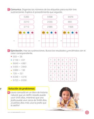 Solución de problemas
37PROYECTO SÉ, EDICIÓN ESPECIAL © EDICIONES SM
2 Comunica. Organiza los números de las etiquetas para escribir tres
sustracciones. Explica el procedimiento que seguiste.
5265 5698 8676
3210 2055 850
2713 2985 7826
Ϫ Ϫ Ϫ
3 Ejercitación. Haz las sustracciones. Busca los resultados y enciérralos con el
color correspondiente.
559 Ϫ 26
2158 Ϫ 437
8649 Ϫ 4861
5000 Ϫ 3840
3889 Ϫ 136
728 Ϫ 321
6348 Ϫ 4218
9723 Ϫ 8558
4 Laura consultó en un libro de historia
natural que un delfín rosado puede
vivir 5475 días, mientras que una
jirafa puede vivir cerca de 9490 días.
¿Cuántos días más vive la jirafa que
el delfín?
1 0 9 3 1 0 4
7 8 5 3 3 0 1
1 7 8 1 7 2 1
3 9 2 8 8 5 6
4 1 5 6 8 4 0
3 1 1 6 5 7 9
 
