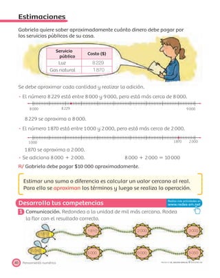 8000 8229 9000
1000 1870 2000
1813
5045
1810
5000
2000
6000
3000
5050
Desarrolla tus competencias
Pensamiento numérico40 PROYECTO SÉ, EDICIÓN ESPECIAL © EDICIONES SM
Estimaciones
Gabriela quiere saber aproximadamente cuánto dinero debe pagar por
los servicios públicos de su casa.
Servicio
público
Costo ($)
Luz 8229
Gas natural 1870
Se debe aproximar cada cantidad y realizar la adición.
El número 8229 está entre 8000 y 9000, pero está más cerca de 8000.
8229 se aproxima a 8000.
El número 1870 está entre 1000 y 2000, pero está más cerca de 2000.
1870 se aproxima a 2000.
Se adiciona 8000 ϩ 2000. 8000 ϩ 2000 ϭ 10000
R/ Gabriela debe pagar $10 000 aproximadamente.
Estimar una suma o diferencia es calcular un valor cercano al real.
Para ello se aproximan los términos y luego se realiza la operación.
1 Comunicación. Redondea a la unidad de mil más cercana. Rodea
la ﬂor con el resultado correcto.
 