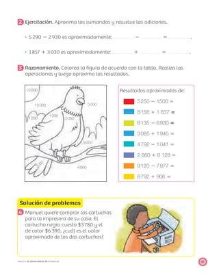 10000
10000
1000
30001000
9000
40003000
Solución de problemas
5000
41PROYECTO SÉ, EDICIÓN ESPECIAL © EDICIONES SM
2 Ejercitación. Aproxima los sumandos y resuelve las adiciones.
5290 Ϫ 2930 es aproximadamente: Ϫ ϭ .
1857 ϩ 3030 es aproximadamente: ϩ ϭ .
3 Razonamiento. Colorea la ﬁgura de acuerdo con la tabla. Realiza las
operaciones y luego aproxima los resultados.
Resultados aproximados de:
5250 Ϫ 1500 ϭ
8158 ϩ 1 837 ‫؍‬
8135 Ϫ 6930 ‫؍‬
3085 ϩ 1945 ϭ
4792 Ϫ 1041 ϭ
2 860 ϩ 6 128 ϭ
9120 Ϫ 7877 ϭ
8792 ϩ 906 ϭ
4 Manuel quiere comprar los cartuchos
para la impresora de su casa. El
cartucho negro cuesta $3780 y el
de color $6390, ¿cuál es el valor
aproximado de los dos cartuchos?
 