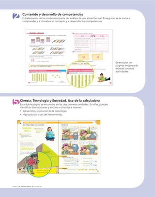 2
Desarrolla tus competencias
Pensamiento numérico10 PROYECTO SÉ, EDICIÓN ESPECIAL © EDICIONES SM
Unidades y decenas
En una tienda venden colores en cajas de diez unidades o las unidades sueltas.
Teresa elaboró un esquema para contar el número de colores que había
en las cuatro decenas.
En las cuatro ﬁlas contó cuarenta colores. Luego, agregó los ocho colores
sueltos. En total son 48 colores.
El número 48 equivale a 4 decenas y 8 unidades.
d u
4 8 Se lee: “cuarenta y ocho”
Una decena está formada por diez unidades. Las unidades se denotan
con la letra u y las decenas con la letra d.
1 Ejercitación. Determina el número de cubos que hay en el dibujo.
En total hay cubos.
Solución de problemas
34 43
11PROYECTO SÉ, EDICIÓN ESPECIAL © EDICIONES SM
2 Completa la tabla. Observa el ejemplo.
Se lee
Número
En letrasd u
Cinco decenas y cuatro unidades 5 4 Cincuenta y cuatro
Ocho decenas y dos unidades
Seis decenas y cinco unidades
Cuatro decenas y una unidad
Tres decenas y nueve unidades
Nueve decenas
3 Razonamiento. Compara los números escritos en cada tarjeta y responde:
¿Qué tienen en común las dos tarjetas?
¿Cuál es la diferencia entre los dos números?
Propón otra pareja de números que cumplan la misma condición.
4 Camilo contó un grupo de dulces y anotó:
siete decenas y seis unidades. En total,
¿cuántos dulces contó Camilo? Escribe la
cantidad en números y en letras.
Desarrolla tus competencias
Una decena está formada por di
con la letra u y las decenas con
1 Ejercitación. Determina el númer
Ciencia, Tecnología y Sociedad. Uso de la calculadora
Esta doble página se encuentra en las dos primeras unidades. En ellas, puedes
identiﬁcar dos secciones y encontrar vínculos a internet:
Desarrollo y evolución de la tecnología.
Apropiación y uso de herramientas.
Los egipcios
llegaron a dominar
las matemáticas
y encontraron que la
multiplicación y la división
se podían reducir a operaciones de
adición y sustracción.
Aprende más sobre las pirámides en
www.e-sm.net/2mt15
Ciencia, tecnología y sociedad84
Ciencia, Tecnología y Sociedad
PROYECTO SÉ, EDICIÓN ESPECIAL © EDICIONES SM
Del Antiguo Egipto a la actualidad
Sabías
que…
La distancia de la
Tierra al Sol es de
149600000
kilómetros.
Indaga. Considerando que la
aproximación a esta distancia se
hubiera sabido muchísimo antes
si a alguien se le hubiese ocurrido
multiplicarpor mil
millonesla alturade la
pirámide de Keopsen
Egipto, construida 300 años antes
de Cristo , ¿qué operación permitiría
calcular la altura de la pirámide de
Keops?
El hombre tardó muchos
años en calcular la
distancia entre la Tierra y
el Sol?
85PROYECTO SÉ, EDICIÓN ESPECIAL © EDICIONES SM
Multiplicar
Ejemplo
Para calcular 128 ϫ 47:
1. Se enciende la calculadora y se
digita cada cifra del primer factor.
En pantalla: 128
2. Se oprime la tecla .
En pantalla: 128
3. Se digita el segundo factor, 47.
En pantalla: 47
4. Se oprime la tecla .
En pantalla: 6016
Practica
Realiza las multiplicaciones. 2 1 5 1 8 5 2 3 9
¿Sabes que ya
sé multiplicar? ¡Qué bien!, yo también
puedo ayudarte con
esta operación.
¿Cómo multiplico
57 ϫ 9? Digita el número 57
seguido del signo
.
¿Digito ahora
el 9? Veo que eres todo
un experto.
Sí, solo me falta oprimir
la tecla para obtener
el resultado.
¡Me encanta
que sepas
manejarme!
Uso de la calculadora
Aprende más sobre las pirám
www.e-sm.net/2mt15
PROYECTO S
PROYECTO SÉ, EDICIÓN ESPECIAL © EDICIONES SM
5
Contenido y desarrollo de competencias
El tratamiento de los contenidos parte del análisis de una situación real. Enseguida, se te invita a
comprender y a formalizar el concepto y a desarrollar tus competencias.
En este par de
páginas encontrarás
enlaces con más
actividades.
 