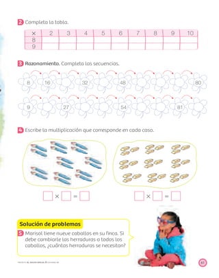 Solución de problemas
61PROYECTO SÉ, EDICIÓN ESPECIAL © EDICIONES SM
2 Completa la tabla.
ϫ 2 3 4 5 6 7 8 9 10
8
9
3 Razonamiento. Completa las secuencias.
8 16 32 48 80
9 27 54 81
4 Escribe la multiplicación que corresponde en cada caso.
ϫ ϭ ϫ ϭ
5 Marisol tiene nueve caballos en su ﬁnca. Si
debe cambiarle las herraduras a todos los
caballos, ¿cuántas herraduras se necesitan?
 
