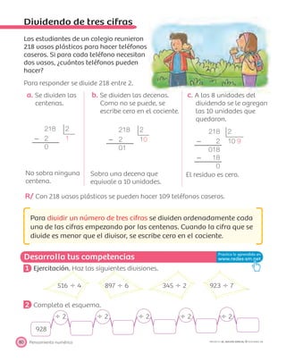 218 2
Ϫ 2 1
0
218 2
Ϫ 2 10
01
218 2
Ϫ 2 10 9
018
Ϫ 18
0
Desarrolla tus competencias
Pensamiento numérico80 PROYECTO SÉ, EDICIÓN ESPECIAL © EDICIONES SM
Dividendo de tres cifras
Los estudiantes de un colegio reunieron
218 vasos plásticos para hacer teléfonos
caseros. Si para cada teléfono necesitan
dos vasos, ¿cuántos teléfonos pueden
hacer?
Para responder se divide 218 entre 2.
a. Se dividen las
centenas.
No sobra ninguna
centena.
b. Se dividen las decenas.
Como no se puede, se
escribe cero en el cociente.
Sobra una decena que
equivale a 10 unidades.
c. A las 8 unidades del
dividendo se le agregan
las 10 unidades que
quedaron.
El residuo es cero.
R/ Con 218 vasos plásticos se pueden hacer 109 teléfonos caseros.
Para dividir un número de tres cifras se dividen ordenadamente cada
una de las cifras empezando por las centenas. Cuando la cifra que se
divide es menor que el divisor, se escribe cero en el cociente.
1 Ejercitación. Haz las siguientes divisiones.
516 Ϭ 4 897 Ϭ 6 345 Ϭ 2 923 Ϭ 7
2 Completa el esquema.
Ϭ 2 Ϭ 2 Ϭ 2 Ϭ 2 Ϭ 2
928
 
