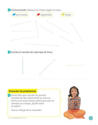 Solución de problemas
89PROYECTO SÉ, EDICIÓN ESPECIAL © EDICIONES SM
2 Comunicación. Repasa las líneas según la clave.
semirrectas segmentos rectas
3 Escribe el nombre de cada tipo de línea.
4 Sonia dice que cuando los puntos
iniciales de dos semirrectas se unen se
forma una recta. Diana opina que esto no
siempre se cumple. ¿Quién tiene
la razón?
Haz un dibujo de la situación.
 