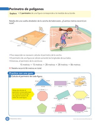 Practica con una guía
28 m
15 m
45 mm 13 mm
16 mm
18 mm
17 mm
15 mm
10 mm
12 mm
45 mm
15 mm
23 mm 26 mm
45 mm
12 mm
17 mm
30 mm16 mm
14 mm
10 mm
27 mm 17 mm
17 mm
21 mm 5 mm
112 Pensamiento métrico PROYECTO SÉ, EDICIÓN ESPECIAL © EDICIONES SM
Perímetro de polígonos
Explora El perímetro de una ﬁgura corresponde a la medida de su borde.
Natalia dio una vuelta alrededor de la cancha de baloncesto. ¿Cuántos metros recorrió en
total?
Para responder es necesario calcular el perímetro de la cancha.
El perímetro de una ﬁgura se calcula sumando las longitudes de sus lados.
Entonces, el perímetro de la cancha es:
15 metros ϩ 15 metros ϩ 28 metros ϩ 28 metros ϭ 86 metros
R/ Natalia recorrió 86 metros en total.
1 Calcula el perímetro de cada ﬁgura.
Antes de calcular el
perímetro comprueba que
el número de sumandos
sea igual al número de
lados de cada ﬁgura.
 
