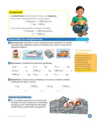 Competencias
ciudadanas
Comprende
Desarrolla tus competencias
123PROYECTO SÉ, EDICIÓN ESPECIAL © EDICIONES SM
La unidad básica de medida de la masa es el kilogramo.
Para medir masas pequeñas se utiliza el gramo.
1 kilogramo ϭ 1000 gramos
1 kg ϭ 1000 g
Para medir masas grandes se utiliza la tonelada.
1 tonelada ϭ 1000 kilogramos
1 t ϭ 1000 kg
2 Razonamiento. Reúnete con dos compañeros para seleccionar la unidad
más adecuada, kilogramo, gramo o tonelada, para medir la masa de los
siguientes objetos.
3 Ejercitación. Completa las siguientes igualdades.
2 kg ϭ g 3 t ϭ kg 14 t ϭ kg
26 kg ϭ g 2000 g ϭ kg 5000 kg ϭ t
7000 g ϭ kg 5 kg ϭ g 2 t ϭ kg
4 Modelación. Expresa estas cantidades en la misma unidad de medida.
Ordénalas de mayor a menor.
7 kg 5000 g 42 kg 4200 g
Ͻ Ͻ Ͻ
Solución de problemas
5 En un colegio organizaron un concurso de
reciclaje en el que recolectaron 3 toneladas
de papel. Si por cada kilogramo de papel
reciben $ 60, ¿cuánto dinero recogieron?
Desarrolla los ejercicios
de esta página con dos
compañeros. Reconoce
la importancia de
escuchar y respetar
sus opiniones, así sean
diferentes de las tuyas.
Poemas para aprender
en www.e-sm.net/3mt14
 