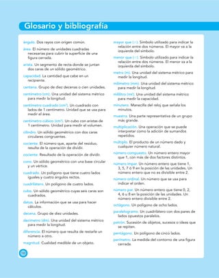 142
Glosario y bibliografía
ángulo. Dos rayos con origen común.
área. El número de unidades cuadradas
necesarias para cubrir la superﬁcie de una
ﬁgura cerrada.
arista. Un segmento de recta donde se juntan
dos caras de un sólido geométrico.
capacidad. La cantidad que cabe en un
recipiente.
centena. Grupo de diez decenas o cien unidades.
centímetro (cm). Una unidad del sistema métrico
para medir la longitud.
centímetro cuadrado (cm2
). Un cuadrado con
lados de 1 centímetro. Unidad que se usa para
medir el área.
centímetro cúbico (cm3
). Un cubo con aristas de
1 centímetro. Unidad para medir el volumen.
cilindro. Un sólido geométrico con dos caras
circulares congruentes.
cociente. El número que, aparte del residuo,
resulta de la operación de dividir.
cociente. Resultado de la operación de dividir.
cono. Un sólido geométrico con una base circular
y un vértice.
cuadrado. Un polígono que tiene cuatro lados
iguales y cuatro ángulos rectos.
cuadrilátero. Un polígono de cuatro lados.
cubo. Un sólido geométrico cuyas seis caras son
cuadrados.
datos. La información que se usa para hacer
cálculos.
decena. Grupo de diez unidades.
decímetro (dm). Una unidad del sistema métrico
para medir la longitud.
diferencia. El número que resulta de restarle un
número a otro.
magnitud. Cualidad medible de un objeto.
mayor que (Ͼ). Símbolo utilizado para indicar la
relación entre dos números. El mayor va a la
izquierda del símbolo.
menor que (Ͻ). Símbolo utilizado para indicar la
relación entre dos números. El menor va a la
izquierda del símbolo.
metro (m). Una unidad del sistema métrico para
medir la longitud.
milímetro (mm). Una unidad del sistema métrico
para medir la longitud.
mililitro (mᐍ). Una unidad del sistema métrico
para medir la capacidad.
minutero. Manecilla del reloj que señala los
minutos.
muestra. Una parte representativa de un grupo
más grande.
multiplicación. Una operación que se puede
interpretar como la adición de sumandos
repetidos.
múltiplo. El producto de un número dado y
cualquier número natural.
número compuesto. Un número entero mayor
que 1, con más de dos factores distintos.
número impar. Un número entero que tiene 1,
3, 5, 7 ó 9 en la posición de las unidades. Un
número entero que no es divisible entre 2.
número ordinal. Un número que se usa para
indicar el orden.
número par. Un número entero que tiene 0, 2,
4, 6 u 8 en la posición de las unidades. Un
número entero divisible entre 2.
octágono. Un polígono de ocho lados.
paralelogramo. Un cuadrilátero con dos pares de
lados opuestos paralelos.
patrón. Sucesión de objetos, sucesos o ideas que
se repiten.
pentágono. Un polígono de cinco lados.
perímetro. La medida del contorno de una ﬁgura
cerrada.
 