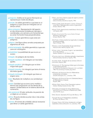 143
pictograma. Gráﬁca en la que la información se
representa por medio de dibujos.
pirámide. Un sólido geométrico cuya base es un
polígono y cuyas caras son triángulos con un
vértice común.
plano cartesiano. Representación del espacio
en dos dimensiones limitadas por dos ejes o
coordenadas; uno vertical y uno horizontal que
se cortan formando líneas perpendiculares.
poliedro. Cuerpo geométrico cuyas caras son
polígonos.
polígono. Una ﬁgura plana cerrada compuesta por
segmentos de recta.
prisma rectangular. Un sólido geométrico cuyas seis
caras son rectángulos.
probabilidad. La posibilidad de que ocurra un
suceso.
triángulo. Un polígono de tres lados.
triángulo equilátero. Un triángulo con tres lados
iguales.
triángulo escaleno. Un triángulo que no tiene
ningún lado igual.
triángulo isósceles. Un triángulo que tiene al menos
dos lados iguales.
triángulo rectángulo. Un triángulo que tiene un
ángulo recto.
triple. Resultado de multiplicar una cantidad por
tres.
unidad. Cantidad que se toma como medida o
término de comparación con las demás de su
especie. Unidad básica en el sistema decimal de
numeración.
valor posicional. El valor atribuido a la posición de
un dígito en un número.
vértice. El punto donde se juntan dos o más aristas
de una ﬁgura.
volumen. El número de unidades cúbicas necesarias
para llenar un sólido geométrico
Nuevos juegos de ingenio y entrete-
nimiento matemático.
Editorial Gedisa, Barcelona, España, 1990.
Josep María. Materiales para construir la geometría.
Síntesis, Madrid, 1995.
Historia de las matemáticas. Alianza edito-
rial, España, 2007.
Números y operaciones.
Síntesis, Madrid, 1996.
Cómo enseñar las magnitudes, la medida y
la proporcionalidad.
Ágora, Málaga, 1990.
El aprendizaje de las matemáticas.
Editorial Labor, Madrid, España, 1991.
Las matemáticas
en la vida cotidiana.
Addison Wesley V. A. M, Madrid, 1994.
Aritmética aplicada e impertinente.
Editorial Gedisa, Barcelona, España, 1995.
El secreto de los números. Editorial
Intermedio, Bogotá, 2002.
The meaning children give to the letters
in generalised arithmetic.
En: Cognitive Development Research in Sci. and Math.
1980. The University of Leeds; pág. 28-33.
Matemáticas.
Lineamientos curriculares.
Santafé de Bogotá, D.C., Colombia, 1998.
Estándares Básicos
de Matemáticas y Lenguaje.
Bogotá, 2006.
Geometría moderna.
Addison Wesley, Estados Unidos, 1966.
Principles and standars for School Mathematics.
National Council of Teachers of Mathematics, 2000.
Geometría
Probabilidad y estadística.
Introducción a la lógica
matemática. Editorial Reverté S. A., Colombia, 1976.
 