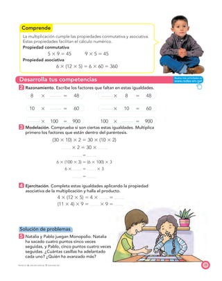 Comprende
Desarrolla tus competencias
Similar a la fuente. Nuevo
Proyecto Tierra 4, pág. 32,
ejercicio 3.
(071 a, Mat. 3)
25
La multiplicación cumple las propiedades conmutativa y asociativa.
Estas propiedades facilitan el cálculo numérico.
Propiedad conmutativa
5 ϫ 9 ϭ 45 9 ϫ 5 ϭ 45
Propiedad asociativa
6 ϫ (12 ϫ 5) ϭ 6 ϫ 60 ϭ 360
2 Razonamiento. Escribe los factores que faltan en estas igualdades.
8 ϫ ϭ 48 ϫ 8 ϭ 48
10 ϫ ϭ 60 ϫ 10 ϭ 60
ϫ 100 ϭ 900 100 ϫ ϭ 900
3 Modelación. Comprueba si son ciertas estas igualdades. Multiplica
primero los factores que están dentro del paréntesis.
(30 ϫ 10) ϫ 2 ϭ 30 ϫ (10 ϫ 2)
ϫ 2 ϭ 30 ϫ
ϭ
6 ϫ (100 ϫ 3) ϭ (6 ϫ 100) ϫ 3
6 ϫ ϭ ϫ 3
ϭ
4 Ejercitación. Completa estas igualdades aplicando la propiedad
asociativa de la multiplicación y halla el producto.
4 ϫ (12 ϫ 5) ϭ 4 ϫ ϭ
(11 ϫ 4) ϫ 9 ϭ ϫ 9 ϭ
Solución de problemas
5 Natalia y Pablo juegan Monopolio. Natalia
ha sacado cuatro puntos cinco veces
seguidas, y Pablo, cinco puntos cuatro veces
seguidas. ¿Cuántas casillas ha adelantado
cada uno? ¿Quién ha avanzado más?
PROYECTO SÉ, EDICIÓN ESPECIAL © EDICIONES SM
 