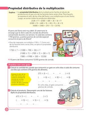 Practica con una guía
28 Pensamiento numérico
Propiedad distributiva de la multiplicación
Explora La propiedad distributiva de la multiplicación facilita el cálculo de
productos en el que uno de los factores tiene varias cifras. Para hacerlo,
se expresa el valor de las cifras del factor y se multiplica por el otro factor.
Luego, se suman todos los productos obtenidos.
2638 ϫ 9 ϭ (2000 ϩ 600 ϩ 30 ϩ 8) ϫ 9
(2000 ϫ 9) ϩ (600 ϫ 9) ϩ (30 ϫ 9) ϩ (8 ϫ 9)
18000 ϩ 5400 ϩ 270 ϩ 72 ϭ 23742
El perro de Diana está muy débil. El veterinario le
encargó que le diera cada día una lata de alimento
concentrado durante una semana. Si cada lata contiene
1750 gramos, ¿cuántos gramos de comida especial
consumirá el perro de Diana?
Para dar respuesta, se multiplica 1750 ϫ 7. Como uno
de los factores tiene varias cifras, se aplica la propiedad
distributiva.
1750 ϫ 7 ϭ (1000 ϩ 700 ϩ 50) ϫ 7
(1000 ϫ 7) ϩ (700 ϫ 7) ϩ (50 ϫ 7)
7000 ϩ 4 900 ϩ 350 ϭ 12250
R/ El perro de Diana consumirá 12250 gramos de comida.
1 Calcula la cantidad de comida que consumirá un gato en ocho días si cada día consume
una lata que contiene 275 gramos de alimento.
275 ϫ 8 ϭ ( ϩ ϩ ) ϫ 8
( ϫ 8) ϩ ( ϫ 8) ϩ ( ϫ 8)
ϩ ϩ ϭ
En ocho días, el gato consumirá
gramos de comida.
2 Calcula el producto. Descompón uno de los factores.
Aplica la propiedad distributiva.
673 ϫ 5 ϭ ( ϩ ϩ ) ϫ 5
( ϫ 5) ϩ ( ϫ 5) ϩ ( ϫ 5)
ϩ ϩ ϭ
Expresa el valor de las
cifras del número que
cuenta la cantidad de
comida de una lata,
multiplícalos por el
número de días y suma los
productos obtenidos.
PROYECTO SÉ, EDICIÓN ESPECIAL © EDICIONES SM
 