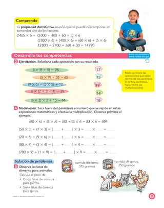 Comprende
Desarrolla tus competencias
comida de perro:
375 gramos
comida de gatos:
250 gramos
29
La propiedad distributiva enuncia que se puede descomponer en
sumandos uno de los factores.
2465 ϫ 6 ϭ (2000 ϩ 400 ϩ 60 ϩ 5) ϫ 6
(2000 ϫ 6) ϩ (400 ϫ 6) ϩ (60 ϫ 6) ϩ (5 ϫ 6)
12000 ϩ 2400 ϩ 360 ϩ 30 ϭ 14790
3 Ejercitación. Relaciona cada operación con su resultado.
3 ϫ (8 ϩ 5) Ϫ 25 17
(5 ϫ 9) ϩ 38 Ϫ 65 15
(9 ϫ 5) Ϫ (8 ϫ 5) ϩ 12 19
6 ϫ (2 ϩ 3 ϩ 4) Ϫ 39
14
(8 ϫ 3) ϫ 2 ϩ 15 Ϫ 44 18
4 Modelación. Saca fuera del paréntesis el número que se repite en estas
expresiones matemáticas y efectúa la multiplicación. Observa primero el
ejemplo.
(80 ϫ 6) ϩ (3 ϫ 6) ϭ (80 ϩ 3) ϫ 6 ϭ 83 ϫ 6 ϭ 498
(50 ϫ 3) ϩ (7 ϫ 3) ϭ ( ϩ ) ϫ 3 ϭ ϫ ϭ
(20 ϫ 6) ϩ (9 ϫ 6) ϭ ( ϩ ) ϫ 6 ϭ ϫ ϭ
(80 ϫ 4) ϩ (3 ϫ 4) ϭ ( ϩ ) ϫ 4 ϭ ϫ ϭ
(700 ϫ 9) ϩ (1 ϫ 9) ϭ ( ϩ ) ϫ 9 ϭ ϫ ϭ
Realiza primero las
operaciones que están
dentro de los paréntesis.
Si no hay paréntesis,
haz primero las
multiplicaciones.
Solución de problemas
5 Observa las latas de
alimento para animales.
Calcula el peso de:
Cinco latas de comida
para perros.
Siete latas de comida
para gatos.
PROYECTO SÉ, EDICIÓN ESPECIAL © EDICIONES SM
 