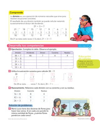 Comprende
Desarrolla tus competencias
Educación
en valores
41Pensamiento numéricoPROYECTO SÉ, EDICIÓN ESPECIAL © EDICIONES SM
La división es una operación de números naturales que sirve para
resolver situaciones concretas.
El resultado de una división también se puede calcular restando
sucesivamente el divisor del dividendo.
21 Ϭ 3 ϭ 7
21 18 15 12 9 6 3
Ϫ 3 Ϫ 3 Ϫ 3 Ϫ 3 Ϫ 3 Ϫ 3 Ϫ 3
18 15 12 9 6 3 0
De 21 se resta siete veces 3. Es decir, 21 Ϭ 3 ϭ 7.
2 Ejercitación. Completa la tabla. Observa el ejemplo.
División Dividendo Divisor Cociente Residuo
46 Ϭ 7 46 7 6 4
72 Ϭ 8
31 Ϭ 5
54 Ϭ 3
53 Ϭ 4
3 Utiliza la sustracción sucesiva para calcular 28 Ϭ 7.
28
Ϫ 7 Ϫ 7 Ϫ 7 Ϫ 7
De 28 se resta veces 7. Es decir, 28 Ϭ 7 ϭ .
4 Razonamiento. Relaciona cada división con su cociente y con su residuo.
División Cociente Residuo
76 Ϭ 8 8 4
43 Ϭ 6 9 1
26 Ϭ 3 7 2
Solución de problemas
5 María Lucía tiene dos docenas de ﬂores para
hacer tres ramos. Si en cada uno pondrá la
misma cantidad de ﬂores, ¿cuántas ﬂores
pondrá en cada ramo?
Trabaja con atención
y cuidado. Se te hará
más fácil la realización
de tus tareas.
 