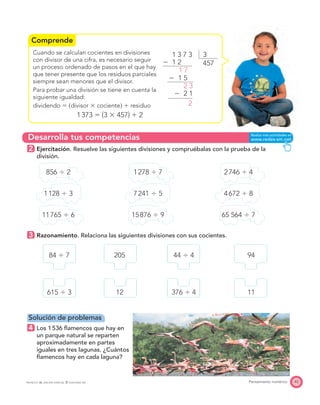 Comprende
Desarrolla tus competencias
45Pensamiento numéricoPROYECTO SÉ, EDICIÓN ESPECIAL © EDICIONES SM
Cuando se calculan cocientes en divisiones
con divisor de una cifra, es necesario seguir
un proceso ordenado de pasos en el que hay
que tener presente que los residuos parciales
siempre sean menores que el divisor.
Para probar una división se tiene en cuenta la
siguiente igualdad:
dividendo ϭ ͑divisor ϫ cociente͒ ϩ residuo
1373 ϭ Θ3 ϫ 457Ι ϩ 2
2 Ejercitación. Resuelve las siguientes divisiones y compruébalas con la prueba de la
división.
856 Ϭ 2 1278 Ϭ 7 2746 Ϭ 4
1128 Ϭ 3 7241 Ϭ 5 4672 Ϭ 8
11765 Ϭ 6 15876 Ϭ 9 65 564 Ϭ 7
3 Razonamiento. Relaciona las siguientes divisiones con sus cocientes.
84 Ϭ 7 205 44 Ϭ 4 94
615 Ϭ 3 12 376 Ϭ 4 11
Solución de problemas
4 Los 1536 ﬂamencos que hay en
un parque natural se reparten
aproximadamente en partes
iguales en tres lagunas. ¿Cuántos
ﬂamencos hay en cada laguna?
31 3 7 3
Ϫ 1 2
Ϫ 1 5
Ϫ 2 1
1 7
2 3
2
457
 