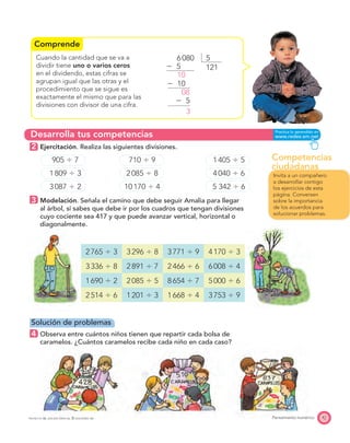 Competencias
ciudadanas
Comprende
Desarrolla tus competencias
47Pensamiento numéricoPROYECTO SÉ, EDICIÓN ESPECIAL © EDICIONES SM
Cuando la cantidad que se va a
dividir tiene uno o varios ceros
en el dividendo, estas cifras se
agrupan igual que las otras y el
procedimiento que se sigue es
exactamente el mismo que para las
divisiones con divisor de una cifra.
2 Ejercitación. Realiza las siguientes divisiones.
905 Ϭ 7 710 Ϭ 9 1405 Ϭ 5
1809 Ϭ 3 2085 Ϭ 8 4040 Ϭ 6
3087 Ϭ 2 10170 Ϭ 4 5 342 Ϭ 6
3 Modelación. Señala el camino que debe seguir Amalia para llegar
al árbol, si sabes que debe ir por los cuadros que tengan divisiones
cuyo cociente sea 417 y que puede avanzar vertical, horizontal o
diagonalmente.
2765 Ϭ 3 3296 Ϭ 8 3771 Ϭ 9 4170 Ϭ 3
3336 Ϭ 8 2891 Ϭ 7 2466 Ϭ 6 6008 Ϭ 4
1690 Ϭ 2 2085 Ϭ 5 8654 Ϭ 7 5000 Ϭ 6
2514 Ϭ 6 1201 Ϭ 3 1668 Ϭ 4 3753 Ϭ 9
Solución de problemas
4 Observa entre cuántos niños tienen que repartir cada bolsa de
caramelos. ¿Cuántos caramelos recibe cada niño en cada caso?
56080
Ϫ 5
Ϫ 10
Ϫ 5
10
08
3
121
Invita a un compañero
a desarrollar contigo
los ejercicios de esta
página. Conversen
sobre la importancia
de los acuerdos para
solucionar problemas.
 