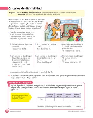 Practica con una guía
56 Pensamiento numérico PROYECTO SÉ, EDICIÓN ESPECIAL © EDICIONES SM
Criterios de divisibilidad
Explora Los criterios de divisibilidad permiten determinar cuándo un número es
divisible por otro, sin tener que desarrollar la división.
Para celebrar el Día de la Ciencia, el profesor
de Leonardo debe organizar 15 estudiantes
en grupos de trabajo. ¿De cuántas maneras
diferentes los puede organizar en grupos
iguales sin que sobre ningún estudiante?
Para dar respuesta a la pregunta
se deben hallar los divisores de
15, para lo cual vamos a tener en
cuenta los siguientes criterios:
1. Todo número es divisor de
sí mismo.
15 es divisor de 15
2. Todo número es divisible
por 1.
1 es divisor de 15.
3. Un número es divisible por
2 cuando termina en cifra
par o en cero.
15 no es divisible por 2.
4. Un número es divisible por
3 cuando la suma de sus
dígitos es múltiplo de 3.
15 es divisible por 3
porque 1 ϩ 5 ϭ 6 y 6 es
múltiplo de 3.
5. Un número es divisible por
5 cuando termina en 5 o
en 0.
15 es divisible por 5.
6. Un número es divisible por
10 cuando termina
en 0.
15 no es divisible por 10.
Según estos criterios, los divisores de 15 son: 1, 3, 5 y 15.
R/ El profesor Leonardo puede organizar a los estudiantes para que trabajen individualmente o
en grupos de 3, 5 o 15 personas.
1 Ayuda al profesor Leonardo a organizar 30 estudiantes en grupos iguales sin que quede
ningún niño trabajando solo. Utiliza los criterios de divisibilidad por 2, por 3, por 5
y por 10.
Ten presentes los criterios
de divisibilidad para
completar la tabla.
Divisible
por 2
Divisible
por 3
Divisible
por 5
Divisible
por 10
30
Leonardo puede organizar 30 estudiantes de formas.
 