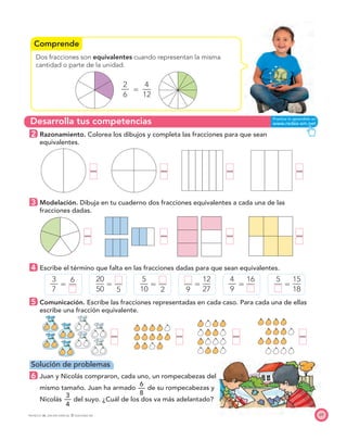 Comprende
Desarrolla tus competencias
69PROYECTO SÉ, EDICIÓN ESPECIAL © EDICIONES SM
Dos fracciones son equivalentes cuando representan la misma
cantidad o parte de la unidad.
2
—
6
ϭ
4
—
12
2 Razonamiento. Colorea los dibujos y completa las fracciones para que sean
equivalentes.
3 Modelación. Dibuja en tu cuaderno dos fracciones equivalentes a cada una de las
fracciones dadas.
4 Escribe el término que falta en las fracciones dadas para que sean equivalentes.
3
—
7
ϭ
6
—
20
—
50
ϭ —
5
5
—
10
ϭ —
2
—
9
ϭ
12
—
27
4
—
9
ϭ
16
—
5
— ϭ
15
—
18
5 Comunicación. Escribe las fracciones representadas en cada caso. Para cada una de ellas
escribe una fracción equivalente.
Solución de problemas
6 Juan y Nicolás compraron, cada uno, un rompecabezas del
mismo tamaño. Juan ha armado
6
—
8
de su rompecabezas y
Nicolás
3
—
4
del suyo. ¿Cuál de los dos va más adelantado?
—
—
— — — —
—
—
—
—
—
—
 