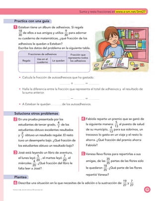 79PROYECTO SÉ, EDICIÓN ESPECIAL © EDICIONES SM
Practica con una guía
1 Esteban tiene un álbum de adhesivos. Si regala
18
—
30
de ellos a sus amigos y utiliza
9
—
30
para adornar
su cuaderno de matemáticas, ¿qué fracción de los
adhesivos le quedan a Esteban?
Escribe los datos del problema en la siguiente tabla.
Fracciones de adhesivos Fracción que
representa todos
los adhesivosRegala
Usa en el
cuaderno
Le quedan
Calcula la fracción de autoadhesivos que ha gastado.
ϩ ϭ
Halla la diferencia entre la fracción que representa el total de adhesivos y el resultado de
la suma anterior.
Ϫ ϭ
A Esteban le quedan de los autoadhesivos.
Soluciona otros problemas
2 En una prueba presentada por los
estudiantes de tercer grado,
4
—
7
de los
estudiantes obtuvo excelentes resultados
y
2
—
7
obtuvo un resultado regular. El resto
tuvo un desempeño bajo. ¿Qué fracción de
los estudiantes obtuvo un resultado bajo?
3 José está leyendo un libro de aventura,
el lunes leyó
5
—
20
, el martes leyó
7
—
20
, el
miércoles
4
—
20
. ¿Qué fracción del libro le
falta leer a José?
4 Fabiola reparte un premio que se ganó de
la siguiente manera:
5
—
13
al puesto de salud
de su municipio,
4
—
13
para sus sobrinos, un
treceavo lo gasta en un viaje y el resto lo
ahorra. ¿Qué fracción del premio ahorra
Fabiola?
5 Vanesa lleva ﬂores para repartirlas a sus
amigas, de las
35
—
35
partes de las ﬂores solo
le quedaron
18
—
35
. ¿Qué parte de las ﬂores
repartió Vanesa?
Plantea
6 Describe una situación en la que necesites de la adición o la sustracción de:
19
—
27
y
7
—
27
Suma y resta fracciones en www.e-sm.net/3mt27
 
