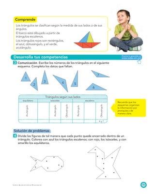 Comprende
Desarrolla tus competencias
1
2
3 4 5
6
7
93PROYECTO SÉ, EDICIÓN ESPECIAL © EDICIONES SM
Los triángulos se clasiﬁcan según la medida de sus lados o de sus
ángulos.
El barco está dibujado a partir de
triángulos escalenos.
Los triángulos rojos son rectángulos,
el azul, obtusángulo, y el verde,
acutángulo.
3 Comunicación. Escribe los números de los triángulos en el siguiente
esquema. Completa los datos que faltan.
Triángulos según sus lados
equilátero isósceles escaleno
Acutángulo
Acutángulo
Obtusángulo
Rectángulo
Obtusángulo
6 y 7
Recuerda que los
esquemas organizan
la información por
jerarquías y de
manera clara.
Solución de problemas
4 Divide las ﬁguras de tal manera que cada punto quede encerrado dentro de un
triángulo. Colorea con azul los triángulos escalenos; con rojo, los isósceles, y con
amarillo los equiláteros.
 