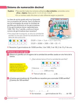 Practica con una guía
Pensamiento numérico10 PROYECTO SÉ, EDICIÓN ESPECIAL © EDICIONES SM
Sistema de numeración decimal
Explora Para escribir todos los números utilizamos diez símbolos, conocidos como
cifras o dígitos. Estos son 0, 1, 2, 3, 4, 5, 6, 7, 8 y 9.
En un número cada cifra tiene un valor diferente según su posición.
La clase de quinto grado está muy ilusionada
con su proyecto de ciencias. Sara y Guillermo
son los encargados de anotar la cantidad de
semillas que sembrarán en los germinadores.
Si los germinadores tienen capacidad para
1000, 100, 10 y 1 semilla, ¿cuál es el menor
número de germinadores que necesitan?
Para responder la pregunta, se ubica la cantidad de
semillas con las que cuentan los estudiantes en una
tabla de valor posicional.
dm um c d u 23529 ϭ 2 dm ϩ 3 um ϩ 5 c ϩ 2 d ϩ 9 u
2 3 5 2 9 23529 ϭ 20000 ϩ 3000 ϩ 500 ϩ 20 ϩ 9
R/ Necesitan 2 germinadores de 10000 semillas, 3 de 1000, 5 de 100, 2 de 10 y 9 de una.
1 Observa la planilla con el registro de la cantidad de semillas usadas en otra feria de la
ciencia.
¿Qué valores tiene el 2 en la cantidad de semillas?
dm um c d u
1 2 7 2 5
2 decenas semillas
2 2000 semillas
R/ Tiene el valor de y de
2 ¿Cuántos germinadores de 10 semillas se necesitan para acomodar 8 000 semillas?
¿Cuántos de 100 semillas?
um c d u
8 0 0 0
8 um ϭ c ϭ d
R/ Se necesitan germinadores de 10 u de 100.
Ubica la cantidad que
expresa las semillas en una
tabla de valor posicional
y observa el valor de cada
cifra según su posición.
 
