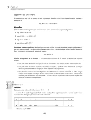 CAPÍTULO 7
ARITMÉTICA • Notación cientíﬁca y logaritmos
121
Ejemplos
EJEMPLOS
Raíz de un número en notación cientíﬁca. Para obtener la raíz de un número en notación cientíﬁca se escribe el
exponente de la base 10 como múltiplo del índice del radical, luego se extrae la raíz de ambas partes.
1 Halla el resultado de 1 69 10 4
. × −
.
Solución
El exponente de la base 10 es múltiplo de 2, entonces se procede a extraer la raíz del número.
1 69 10 1 69 10 1 3 10 1 3 10
4 4
4
2 2
. . . .
× = × = × = ×
− −
−
−
El resultado de la raíz es:1 3 10 2
. × −
2 Efectúa 8 1014
3 × .
Solución
Debido a que el exponente de la base 10 no es múltiplo de 3, se transforma el exponente de la siguiente manera:
8 10 0 8 10
14 15
× = ×
.
Por tanto,
8 10 0 8 10 0 8 10 0 92831 10 9
14
3 15
3 3 15
3 5
× = × = × = × =
. . . .2
2831 104
×
Por consiguiente, el resultado es: 9 2831 104
. ×
3 ¿Cuál es el resultado de
3 2 10 0 43 10
1 2 10
7 6
3
. .
.
× + ×
×
− −
− ?
Solución
Se efectúan las operaciones dentro del radical y se extrae la raíz.
3 2 10 0 43 10
1 2 10
3 2 10 4 3 10
7 6
3
7
. .
.
. .
× + ×
×
=
× + ×
− −
−
− − 7
7
3
7
3
7 3
1 2 10
7 5 10
1 2 10
6 25 10
.
.
.
.
×
=
×
×
= ×
−
−
−
− − −
( )
= × = × = ×
− − −
6 25 10 6 25 10 2 5 10
4 4 2
. . .
EJERCICIO 72
Realiza las siguientes operaciones.
1. 1 7 10 2 2
. ×
( )
−
2. 8 10 6 2
×
( )
− −
3. 2 5 10 1 3 10
6 6 2
. .
× + ×
( )
− −
4. 4 3 10 25 10
8 7 3
. × − ×
( )
5.
1 3 10 4 10 3 5 10
2 0 10
5 5 5 2
4
. .
.
× − × + ×
( )
×
−
−
6.
2 3 10 5 7 10
3 24 10 1 64 10
4 4
6 6
2
. .
. .
× + ×
× − ×
⎛
⎝
⎜
⎞
⎠
⎟
− −
− −
7. 9 61 10 8
. × −
8. 2 16 108
3 . ×
9. 32 4 10 9
. × −
10. 1 6 10 1 1 10
7 7
3 . .
× + ×
11. 5 26 10 2 06 10
14 14
5
. .
× − ×
− −
12. 1 2 10 1 331 10
3 3 6
3
. .
×
( ) ⋅ ×
− −
13.
4 10 1 9 10
3 5 10 1 625 10
7 7
9 9
5
.1 × + ×
× − ×
− −
.
. .
14.
9 91 10 36 6 10
3 25 10 1 75 10
3 2
10 10
3
. – .
. .
× ×
× + ×
⁄Veriﬁca tus resultados en la sección de soluciones correspondiente
www.FreeLibros.org
 
