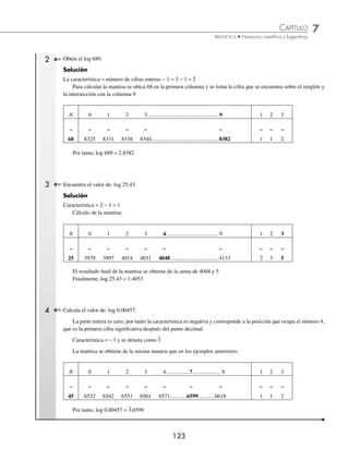 7 CAPÍTULO
MATEMÁTICAS SIMPLIFICADAS
122
Ejemplos
EJEMPLOS
Logaritmo de un número
El logaritmo con base b de un número N, es el exponente a, al cual se eleva la base b para obtener el resultado o
argumento N.
logb N = a ⇔ N = ba
con N  0
Ejemplos
Utiliza la deﬁnición de logaritmo para transformar a su forma exponencial los siguientes logaritmos:
1. log3 243 = 5 ⇒ 243 = 35
2. log10 10 000 = 4 ⇒ 10 000 = 104
3. log2 64 = 6 ⇒ 64 = 26
4. log 5
25 4
= ⇒ 25 5
4
= ( )
Logaritmos comunes o de Briggs. Son logaritmos cuya base es 10, el logaritmo de cualquier número está formado por
una parte que corresponde a un número entero llamado característica y otro decimal que recibe el nombre de mantisa.
Estos logaritmos se representan de la siguiente manera:
log10 N = log N
Cálculo del logaritmo de un número. La característica del logaritmo de un número se obtiene de la siguiente
manera:
⁄ Si la parte entera del número es mayor que cero, la característica es el número de cifras enteras menos uno.
⁄ Si la parte entera del número es cero, la característica es negativa y resulta de contar el número de lugares que
existe del punto decimal hasta el lugar que ocupa la primera cifra signiﬁcativa.
⁄ Para obtener la mantisa se buscan las 2 primeras cifras del número en la primera columna de las tablas, se sigue
sobre el mismo renglón hasta llegar al cruce con la columna encabezada por la tercera cifra; si es necesario se
sumará la parte proporcional que corresponde a la cuarta cifra, que se encuentra sobre el mismo renglón en el
cruce con la columna correspondiente.
1 Obtén el log 7.
Solución
La característica = número de cifras enteras − 1 = 1 − 1 = 0
Se toma 70 en vez de 7 y para calcular la mantisa se ubica 70 en la primera columna y se toma la cifra que se
encuentra sobre el renglón y la intersección con la columna 0
N 0 1 2 3................................................... 9 1 2 3
≈
70
≈ ≈ ≈ ≈ ≈
8451 8457 8463 8470................................................8506
≈ ≈ ≈
1 1 2
Por tanto, log 7 = 0.8451
www.FreeLibros.org
 