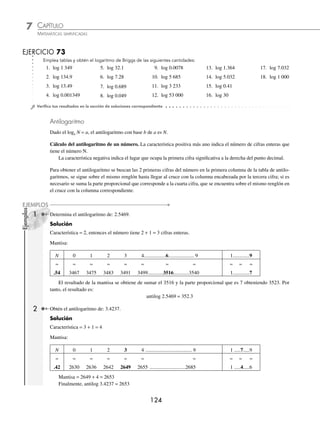CAPÍTULO 7
ARITMÉTICA • Notación cientíﬁca y logaritmos
123
2 Obtén el log 689.
Solución
La característica = número de cifras enteras − 1 = 3 − 1 = 2
Para calcular la mantisa se ubica 68 en la primera columna y se toma la cifra que se encuentra sobre el renglón y
la intersección con la columna 9
N 0 1 2 3................................................... 9 1 2 3
≈
68
≈ ≈ ≈ ≈ ≈
8325 8331 8338 8344................................................8382
≈ ≈ ≈
1 1 2
Por tanto, log 689 = 2.8382
3 Encuentra el valor de: log 25.43.
Solución
Característica = 2 − 1 = 1
Cálculo de la mantisa:
N 0 1 2 3 4 ..................................... 9 1 2 3
≈
25
≈ ≈ ≈ ≈ ≈ ≈
3979 3997 4014 4031 4048 ..................................4133
≈ ≈ ≈
2 3 5
El resultado ﬁnal de la mantisa se obtiene de la suma de 4048 y 5
Finalmente, log 25.43 = 1.4053
4 Calcula el valor de: log 0.00457.
La parte entera es cero, por tanto la característica es negativa y corresponde a la posición que ocupa el número 4,
que es la primera cifra signiﬁcativa después del punto decimal.
Característica = −3 y se denota como 3
La mantisa se obtiene de la misma manera que en los ejemplos anteriores:
N 0 1 2 3 4.................7.................... 9 1 2 3
≈
45
≈ ≈ ≈ ≈ ≈ ≈ ≈
6532 6542 6551 6561 6571............6599............6618
≈ ≈ ≈
1 1 2
Por tanto, log 0.00457 = 3 6599
.
www.FreeLibros.org
 