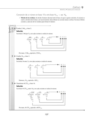 9 CAPÍTULO
MATEMÁTICAS SIMPLIFICADAS
156
2 Convierte 25713(8) a base 10.
Solución
Al seguir los pasos se obtiene:
2 × 8 + 5 = 21 Producto del primer dígito por la base, más el segundo dígito.
21 × 8 + 7 = 175 Producto del resultado anterior por la base, más el tercer dígito.
175 × 8 + 1 = 1 401 Producto del resultado anterior por la base, más el cuarto dígito.
1401 × 8 + 3 = 11 211 Producto del resultado anterior por la base, más el quinto dígito.
11 211 Valor equivalente.
Por tanto, 25713(8) equivale a 11 211(10)
3 Transforma 2A1F(16) a base 10.
Solución
Al seguir los pasos se obtiene:
2 × 16 + A =
2 × 16 + 10 =
42 Producto del primer dígito por la base, más el segundo dígito.
42 × 16 + 1 = 673 Producto del resultado anterior por la base, más el tercer dígito.
673 × 16 + F =
673 × 16 + 15 =
10 783 Producto del resultado anterior por la base, más el cuarto dígito.
10 783 Valor equivalente.
Por consiguiente, 2A1F(16) equivale a 10 783(10)
EJERCICIO 90
Transforma los siguientes números a forma decimal:
1. 1100(2) 17. 43210(5)
2. 10111(2) 18. 3210.341(5)
3. 11011011(2) 19. 20014.4431(5)
4. 111001.1101(2) 20. 314.1003(5)
5. 10011.1011(2) 21. 45(6)
6. 2102(3) 22. 4531(6)
7. 11120(3) 23. 55.342(6)
8. 100101(3) 24. 7612(8)
9. 21101.201(3) 25. 5671(8)
10. 2110112.212(3) 26. 753.1041(8)
11. 3220(4) 27. 820(9)
12. 12003.223(4) 28. 765(9)
13. 3201. 231(4) 29. 2AD(16)
14. 343(5) 30. AB2C(16)
15. 10134(5) 31. B3A(16)
16. 234(5) 32. F2A.1DC(16)
⁄Veriﬁca tus resultados en la sección de soluciones correspondiente
www.FreeLibros.org
 