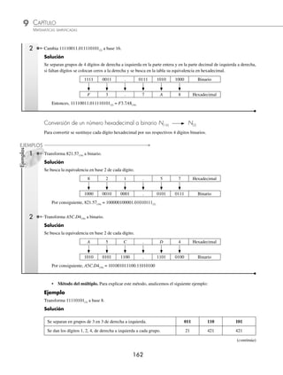 CAPÍTULO 9
ARITMÉTICA • Sistemas de numeración
161
Ejemplos
EJEMPLOS
2 Transforma 1206.135(8) a base 2.
Solución
1 2 0 6 . 1 3 5 Octal
001 010 000 110 . 001 011 101 Binario
Por tanto, 1206.135(8) = 1010000110.001011101(2)
La relación entre el sistema binario y el hexadecimal es de 4, ya que 16 = 24
esto quiere decir que a cada 4 dígitos en
el binario le corresponde un dígito en el hexadecimal.
Tabla de valores equivalentes
Decimal Binario Hexadecimal Decimal Binario Hexadecimal
0 0000 0 9 1001 9
1 0001 1 10 1010 A
2 0010 2 11 1011 B
3 0011 3 12 1100 C
4 0100 4 13 1101 D
5 0101 5 14 1110 E
6 0110 6 15 1111 F
7 0111 7 16 10000 10
8 1000 8 17 10001 11
Conversión de un número binario a hexadecimal N(2) N(16)
Para convertir se separan los dígitos en grupos de 4 a partir del punto decimal (hacia la izquierda en la parte entera y
a la derecha en la parte fraccionaria), y se sustituyen por su equivalente en hexadecimal.
1 Convierte 110111110(2) a hexadecimal.
Solución
Se separan grupos de 4 dígitos de derecha a izquierda, si para el último grupo hacen falta dígitos se colocan ceros a la
izquierda y se busca en la tabla su equivalencia en hexadecimal.
0001 1011 1110 Binario
1 B E Hexadecimal
Por tanto, 110111110(2) = 1BE(16)
www.FreeLibros.org
 