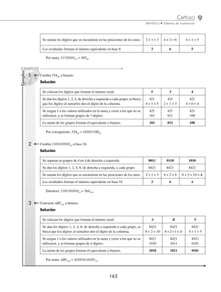 9 CAPÍTULO
MATEMÁTICAS SIMPLIFICADAS
162
Ejemplos
EJEMPLOS
2 Cambia 11110011.011110101(2) a base 16.
Solución
Se separan grupos de 4 dígitos de derecha a izquierda en la parte entera y en la parte decimal de izquierda a derecha,
si faltan dígitos se colocan ceros a la derecha y se busca en la tabla su equivalencia en hexadecimal.
1111 0011 . 0111 1010 1000 Binario
F 3 . 7 A 8 Hexadecimal
Entonces, 11110011.011110101(2) = F3.7A8(16)
Conversión de un número hexadecimal a binario N(16) N(2)
Para convertir se sustituye cada dígito hexadecimal por sus respectivos 4 dígitos binarios.
1 Transforma 821.57(16) a binario.
Solución
Se busca la equivalencia en base 2 de cada dígito.
8 2 1 . 5 7 Hexadecimal
1000 0010 0001 . 0101 0111 Binario
Por consiguiente, 821.57(16) = 100000100001.01010111(2)
2 Transforma A5C.D4(16) a binario.
Solución
Se busca la equivalencia en base 2 de cada dígito.
A 5 C . D 4 Hexadecimal
1010 0101 1100 . 1101 0100 Binario
Por consiguiente, A5C.D4(16) = 101001011100.11010100
• Método del múltiplo. Para explicar este método, analicemos el siguiente ejemplo:
Ejemplo
Transforma 11110101(2) a base 8.
Solución
Se separan en grupos de 3 en 3 de derecha a izquierda. 011 110 101
Se dan los dígitos 1, 2, 4, de derecha a izquierda a cada grupo. 21 421 421
(continúa)
www.FreeLibros.org
 