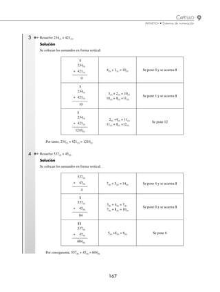 9 CAPÍTULO
MATEMÁTICAS SIMPLIFICADAS
166
Ejemplos
EJEMPLOS
Para sumar números de 2 o más dígitos se procede de la misma forma que en el sistema decimal, se toma en cuenta el
cambio de orden para contar las unidades que se acarrean.
1 Resuelve 234(5) + 3(5).
Solución
Se colocan los sumandos en forma vertical.
234(5)
+ 3(5)
2(5)
4(5) + 3(5) = 12(5) Se pone 2 y se acarrea 1
1
234(5)
+ 3(5)
242
3(5) + 1(5) = 4(5) Se pone 4 y se baja el 2
Por tanto, 234(5) + 3(5) = 242(5)
2 Resuelve 101(2) + 11(2).
Solución
Se colocan los sumandos en forma vertical.
101(2)
+ 11(2)
0
1(2) + 1(2) = 10(2) Se pone 0 y se acarrea 1
1
101(2)
+ 11(2)
00
1(2) + 0(2) + 1(2) = 10(2) Se pone 0 y se acarrea 1
11
101(2)
+ 11(2)
1000(2)
1(2) + 1(2) = 10(2) Se pone 10
Por consiguiente, 101(2) + 11(2) = 1000(2)
www.FreeLibros.org
 