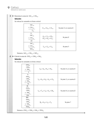 CAPÍTULO 9
ARITMÉTICA • Sistemas de numeración
167
3 Resuelve 234(5) + 421(5).
Solución
Se colocan los sumandos en forma vertical.
1
234(5)
+ 421(5)
0
4(5) + 1(5) = 10(5) Se pone 0 y se acarrea 1
1
234(5)
+ 421(5)
10
3(5) + 2(5) = 10(5)
10(5) + 1(5) =11(5)
Se pone 1 y se acarrea 1
1
234(5)
+ 421(5)
1210(5)
2(5) +4(5) = 11(5)
11(5) + 1(5) =12(5)
Se pone 12
Por tanto, 234(5) + 421(5) = 1210(5)
4 Resuelve 537(8) + 45(8).
Solución
Se colocan los sumandos en forma vertical.
537(8)
+ 45(8)
4
7(8) + 5(8) = 14(8) Se pone 4 y se acarrea 1
1
537(8)
+ 45(8)
04
3(8) + 4(8) = 7(8)
7(8) + 1(8) = 10(8)
Se pone 0 y se acarrea 1
11
537(8)
+ 45(8)
604(8)
5(8) +1(8) = 6(8) Se pone 6
Por consiguiente, 537(8) + 45(8) = 604(8)
www.FreeLibros.org
 