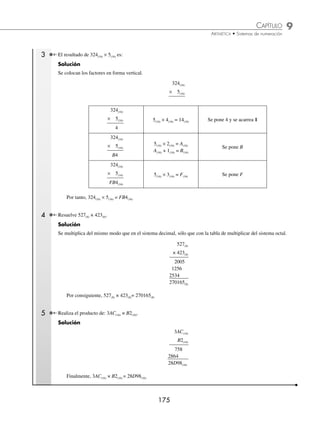 9 CAPÍTULO
MATEMÁTICAS SIMPLIFICADAS
174
Ejemplos
EJEMPLOS
Para multiplicar números de 2 o más dígitos se procede de igual forma que en el sistema decimal se toma en cuenta
la tabla correspondiente a la base.
1 Determina el resultado de 12(3) × 2(3).
Solución
Se colocan los factores en forma vertical.
12(3)
× 2(3)
12(3)
× 2(3)
1
2(3) × 2(3) = 11(3) Se pone 1 y se acarrea 1
12(3)
× 2(3)
101(3)
2(3) × 1(3) = 2(3)
2(3) + 1(3) = 10(3)
Se pone 10
Por tanto, 12(3) × 2(3) = 101(3)
2 Encuentra el resultado de 1234(5) × 3(5).
Solución
Se colocan los factores en forma vertical.
1234(5)
× 3(5)
1234(5)
× 3(5)
2
3(5) × 4(5) = 22(5) Se pone 2 y se acarrea 2
1234(5)
× 3(5)
12
3(5) × 3(5) = 14(5)
14(5) + 2(5) = 21(5)
Se pone 1 y se acarrea 2
1234(5)
× 3(5)
312(5)
3(5) × 2(5) = 11(5)
11(5) + 2(5) = 13(5)
Se pone 3 y se acarrea 1
1234(5)
× 3(5)
4312(5)
3(5) × 1(5) = 3(5)
3(5) + 1(5) = 4(5)
Se pone 4
Por tanto, 1234(5) × 3(5) = 4312(5)
www.FreeLibros.org
 