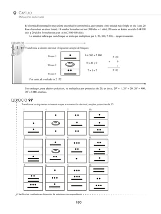 CAPÍTULO 9
ARITMÉTICA • Sistemas de numeración
179
Ejemplos
EJEMPLOS
Los números del 0 al 19 se representan de la siguiente manera:
0
5
10
15 16 17 18 19
11 12 13 14
6 7 8 9
1 2 3 4
Para representar números mayores que 20 se utilizan bloques acomodados verticalmente, de tal forma que las canti-
dades en cada bloque se multiplican por potencias de 20, es decir, el primer bloque por 200
= 1, el segundo bloque por
201
= 20, el tercer bloque por 202
= 400, etcétera.
1 Transforma a número decimal, el siguiente arreglo de bloques:
Bloque 3
Bloque 2
Bloque 1
6 × 400 = 2 400
0 × 20 = 0
7 × 1 = 7
2 400
+ 0
7
2 407
Por tanto, el resultado es 2 407
2 ¿Qué número decimal representa el siguiente arreglo de bloques?
Bloque 3
Bloque 2
Bloque 1
3 × 400 = 1 200
7 × 20 = 140
11 × 1 = 11
1 200
+ 140
11
1 351
Finalmente, el resultado es 1 351
www.FreeLibros.org
 