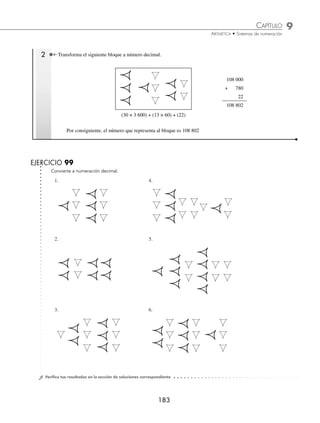 9 CAPÍTULO
MATEMÁTICAS SIMPLIFICADAS
182
Ejemplos
EJEMPLOS
Sistema de numeración babilónico
Es un sistema aditivo en base 10 hasta el 60 y posicional con base 60 para cantidades superiores. Sus símbolos se
llaman cuñas.
⁄ Simbología
= 1 = 10
Como el sistema era aditivo se podían formar los números del 1 al 9
1
5 6 9
2 3 4
Para números mayores de 10
10 + 2 = 12 40 + 1 = 41 30 + 9 = 39
A partir de 60 se utilizaba el sistema posicional, en donde cada grupo de signos representaba el número de unidades.
1 Transforma el siguiente bloque a número decimal.
(20 × 3 600) + (21 × 60) + (12)
72 000
+ 1 260
12
73 272
Por tanto, el número que representa al bloque es 73 272
www.FreeLibros.org
 