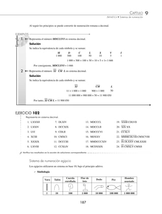 9 CAPÍTULO
MATEMÁTICAS SIMPLIFICADAS
186
Ejemplos
EJEMPLOS
Al seguir los principios se puede convertir de numeración decimal a romana.
1 Representar en numeración romana 368.
Solución
El número 368 se expresa de la siguiente manera en número romano.
368 = 300 60 8
368 = CCC LX VIII
Por tanto, 368 = CCCLXVIII
2 Representa el número 123 457 en numeración romana.
Solución
123 457 se escribe de la siguiente forma:
123 457 = 123 × 1 000 + 400 + 50 + 7
Cada sumando representa un número romano
123 457 = 123 × 1 000 400 50 7
123 457 = CXXIII CD L VII
Por tanto, 123 457 = CXXIII CDLVII
3 Convierte el número 245 305 379 a numeración romana.
Solución
245 305 379 se escribe de la siguiente forma:
245 305 679 = 245 × 1 000 × 1 000 + 305 × 1 000 + 600 + 70 + 9
Cada sumando representa un número romano.
245 305 679 = 245 × 1 000 × 1000 305 × 1 000 600 70 9
245 305 679 = CCXLV CCCV DC LXX IX
Finalmente, 245 305 679 = CCXLV CCCV DC LXX IX
EJERCICIO 101
Representa en numeración romana:
1. 89 6. 1 004 11. 1 997 16. 89 000
2. 99 7. 1 492 12. 12 345 17. 123 000
3. 376 8. 1 589 13. 15 432 18. 230 005
4. 786 9. 1 621 14. 23 007 19. 2 345 000
5. 957 10. 1 810 15. 43 879 20. 8 340 020
⁄Veriﬁca tus resultados en la sección de soluciones correspondiente
www.FreeLibros.org
 