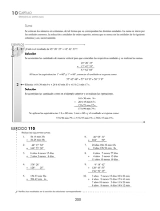 CAPÍTULO 10
ARITMÉTICA • Sistema métrico decimal y números denominados
199
4 Escribe en horas el número: 13 horas, 18 minutos.
Solución
Se convierten los 18 minutos a horas:
18
1
1
60
18
60
18
60
min h h
⎛
⎝
⎜
⎞
⎠
⎟
⎛
⎝
⎜
⎞
⎠
⎟ =
⋅
=
min
min
min
h
h h
=
3
10
El resultado se expresa:13
3
10
h
5 Expresa en años el número denominado: 4 años, 7 meses y 20 días.
Solución
Se convierten los días a meses y se suman a los 7 meses:
20
1
1
30
20
30
2
3
días mes
días
mes mes
⎛
⎝
⎜
⎞
⎠
⎟
⎛
⎝
⎜
⎞
⎠
⎟ = = ; 7
2
3
23
3
meses meses meses
+ =
Los meses resultantes se convierten a años:
23
3
1
12
23
36
meses año
meses
años
⎛
⎝
⎜
⎞
⎠
⎟
⎛
⎝
⎜
⎞
⎠
⎟ =
El resultado ﬁnal es: 4
23
36
años.
EJERCICIO 109
Expresa como número denominado cada una de las siguientes cantidades:
1. Treinta y cinco años, nueve meses con veintitrés días.
2. Una hora con treinta segundos.
3. Ciento veinticuatro grados, cuarenta minutos y cincuenta y seis segundos.
4. Cinco meses, doce días, diecisiete horas.
5. Cuarenta y tres años, siete meses y diecisiete días.
6. Veinticinco meses, diecinueve días, ocho horas y cuarenta y cinco minutos.
7. Cuatrocientos treinta y ocho grados con cuarenta y tres segundos.
8. Tres décadas, ocho años, once meses y cuatro días.
Expresa las siguientes cantidades con números denominados:
9. 0.25 meses en días y horas. 13. 3.745 décadas en años, meses y días.
10. 40.3° en grados y minutos. 14. 35.67° en grados, minutos y segundos.
11. 3
5
8
años en años, meses y días. 15. 4.05 años en años, meses y días.
12. 145.98° en grados, minutos y segundos. 16. 85.61° en grados, minutos y segundos.
Expresa las siguientes cantidades como se indica:
17. 3 años, 10 meses, 15 días en años. 21. 3 décadas, 8 años, 18 días en décadas.
18. 78° 34 30 en grados. 22. 148° 54 en grados.
19. 6 h 43 min 12s en horas. 23. 2h 30s en minutos.
20. 324° 51 36 en grados. 24. 25 días, 8 horas, 24 minutos en horas.
⁄Veriﬁca tus resultados en la sección de soluciones correspondiente
www.FreeLibros.org
 