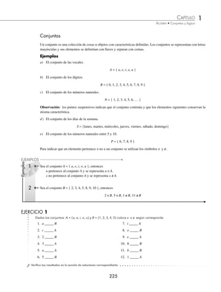 1 CAPÍTULO
MATEMÁTICAS SIMPLIFICADAS
224
Simbología
Éstos son los símbolos que se utilizarán en el capítulo:
{ } Conjunto.
∈ Es un elemento del conjunto o pertenece al conjunto.
∉ No es un elemento del conjunto o no pertenece al conjunto.
| Tal que.
n(C) Cardinalidad del conjunto C.
U Conjunto universo.
φ Conjunto vacío.
⊆ Subconjunto de.
⊂ Subconjunto propio de.
⊄ No es subconjunto propio de.
 Mayor que.
 Menor que.
≥ Mayor o igual que.
≤ Menor o igual que.
∩ Intersección de conjuntos.
∪ Unión de conjuntos.
A Complemento del conjunto A.
= Símbolo de igualdad.
≠ No es igual a.
. . . El conjunto continúa.
⇒ Entonces.
⇔ Si y sólo si.
∼ No (es falso que).
∧ y
∨ o
www.FreeLibros.org
 