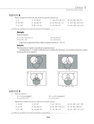 1 CAPÍTULO
MATEMÁTICAS SIMPLIFICADAS
242
2 Representa en un diagrama de Venn la siguiente operación (A ∪ B) ∩ C.
Solución
Diagrama de Venn de (A ∪ B) Diagrama de Venn del conjunto C
A B
U
C
(A ∪ B)
A B
U
C
La intersección de la unión de A con B y el conjunto C, es la región común entre las áreas sombreadas.
A B
U
C
(A ∪ B) ∩ C
3 Representa en un diagrama de Venn la siguiente operación (A ∩ B) ∪ (A − C).
Solución
Diagrama de Venn (A ∩ B) Diagrama de Venn (A − C)
A B
U
C
A ∩ B
A B
U
C
A − C
Finalmente, el conjunto solución es la unión de las áreas sombreadas.
A B
U
C
(A ∩ B) ∪ (A − C)
www.FreeLibros.org
 