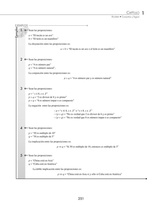 1 CAPÍTULO
MATEMÁTICAS SIMPLIFICADAS
250
Ejemplos
a = “Cuba está en América” Verdadero ( v )
b = “4 es número impar” Falso ( f )
c = “El elefante es un ave” ( f )
p = “Los perros ladran” ( v )
q = “Hermosa tarde” No es una proposición lógica
Negación. Se obtiene negando o aﬁrmando el enunciado y se denota por el símbolo (∼).
Ejemplo
Sea la proposición:
a = “5 es número primo”
La negación de la proposición es:
∼ a = “5 no es número primo”
Tipos de proposiciones
Proposición lógica simple. Es aquella que está formada por un solo enunciado.
Ejemplos
t = “El delfín es un mamífero”
r = “4 es número par”
Proposición lógica compuesta. Es aquella que forman 2 o más proposiciones simples unidas por uno o más conectivos
lógicos.
Ejemplos
a = “8 es número par y 5 es número primo”
b = “China está en Asia o Colombia está en América”
c = “Si un volcán está en Perú, entonces está en América”
p = “8 es número par si y sólo si es divisible por 2”
Proposiciones compuestas
En el siguiente cuadro se muestran las distintas proposiciones compuestas con su respectivo conectivo lógico y
símbolo.
Nombre Conectivo lógico Símbolo
Negación No ∼
Disyunción o ∨
Conjunción y ∧
Implicación entonces ⇒
Doble implicación Si y sólo si ⇔
www.FreeLibros.org
 