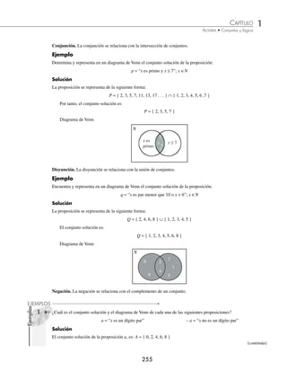 1 CAPÍTULO
MATEMÁTICAS SIMPLIFICADAS
254
Contrapositiva de una implicación. Si p ⇒ q, la contrapositiva se deﬁne como ∼ q ⇒ ∼ p.
Ejemplo
Determina la contrapositiva de la proposición:
p ⇒ q = “Si un volcán está en Perú, entonces está en América”
Solución
La contrapositiva de la proposición es:
∼ q ⇒ ∼ p = “Si un volcán no está en América, entonces no está en Perú”
Inversa de una implicación. Si p ⇒ q, la inversa se deﬁne como ∼ p ⇒ ∼ q.
Ejemplo
Determina la inversa de la proposición:
p ⇒ q = “Si 8 es múltiplo de 4, entonces es múltiplo de 2”
Solución
La inversa de la proposición es:
∼ p ⇒ ∼ q = “Si 8 no es múltiplo de 4, entonces no es múltiplo de 2”
EJERCICIO 15
Determina la conversa, contrapositiva e inversa de las siguientes implicaciones:
1. p ⇒ q = “Si 3 es divisor de 6, entonces no es par”
2. p ⇒ q = “Si x es múltiplo de 5, entonces es divisor de 25”
3. p ⇒ q = “Si un triángulo es un polígono, entonces no es un cuadrilátero”
4. p ⇒ q = “Si Marte no es un planeta, entonces la Luna es un satélite”
5. p ⇒ q = “Si 17 es un número primo, entonces no es múltiplo de 50”
⁄Veriﬁca tus resultados en la sección de soluciones correspondiente
Relación de proposiciones abiertas con conjuntos
Proposición abierta. Es aquélla en la que el sujeto es una variable. Toda proposición abierta representa un conjunto,
que recibe el nombre de conjunto solución de la proposición.
Ejemplo
Encuentra y representa en un diagrama de Venn el conjunto solución de la proposición:
p = “x es un número par menor que 10”; x ∈N
Solución
Conjunto solución:
P = { 2, 4, 6, 8 }
Diagrama de Venn
N
2
P
4
6 8
www.FreeLibros.org
 