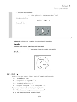1 CAPÍTULO
MATEMÁTICAS SIMPLIFICADAS
256
(continuación)
Diagrama de Venn
A
0 2 4
6 8
5
1
3
7
9
El conjunto solución de la proposición ∼ a, es: A⬘ = { 1, 3, 5, 7, 9 }
Diagrama de Venn
A
0 2 4
6 8
5
1
3
7
9
2 ¿Cuál es el conjunto solución de la negación de la siguiente proposición?
a = “x es primo menor que 15 o x es divisor de 15”; x ∈N
Solución
A = { 2, 3, 5, 7, 11, 13 } ∪ { 1, 3, 5, 15 }
Por consiguiente, el conjunto solución es:
A = { 1, 2, 3, 5, 7, 11, 13, 15 }
La negación de la proposición es:
∼ a = “x no es primo menor que 15 y x no es divisor de 15”
El conjunto solución es:
A⬘ = { 4, 6, 8, 9, 10, 12, 14, … }
Diagrama de Venn
2
3
5
7
11
13
N
15
1
3 ¿Cuál es el conjunto solución de la negación de la siguiente proposición?
b = “x es divisor de 6 y x es par menor que 10”; x ∈N
Solución
B = { 1, 2, 3, 6 } ∩ { 2, 4, 6, 8 }
Por consiguiente, el conjunto solución es:
B = { 2, 6 }
www.FreeLibros.org
 