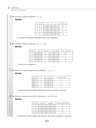 CAPÍTULO 1
ÁLGEBRA • Conjuntos y lógica
261
2 Construye y da una conclusión de la tabla de verdad para (p ∧ q) ⇒ (p ∨ q).
Solución
Primero se encuentra la conjunción de p y q, después se determina la disyunción de p y q.
Por último se realiza la implicación de la conjunción y la disyunción antes obtenida.
p q p ∧ q p ∨ q (p ∧ q) ⇒ (p ∨ q)
v v v v v
v f f v v
f v f v v
f f f f v
Se concluye que la tabla de verdad construida es una tautología.
3 Realiza una tabla de verdad y veriﬁca si la siguiente proposición (p ∧ q) ∧ ∼ p es una contradicción.
Solución
Primero se realiza la conjunción de las proposiciones p y q, simultáneamente se niega la proposición q, ﬁnalmente se
determina la conjunción de los valores de la primera conjunción con la negación de p.
p q p ∧ q ∼ p (p ∧ q) ∧ ∼ p
v v v f f
v f f f f
f v f v f
f f f v f
La proposición resultó falsa para todos los valores, por consiguiente, es una contradicción.
4 Construye la tabla de verdad para p ∨ (q ∧ r).
Solución
El número de proposiciones es 3, por tanto, el número de valores de verdad es 2 2 8
3
n
= = , el resultado indica el número
de renglones de la tabla.
Primero se encuentran los valores de verdad de la conjunción de las proposiciones q y r, ﬁnalmente se determina
la disyunción de la proposición p con la conjunción antes determinada.
p q r q ∧ r p ∨ (q ∧ r)
v v v v v
v v f f v
v f v f v
v f f f v
f v v v v
f v f f f
f f v f f
f f f f f
Finalmente, la tabla indica que se trata de una contingencia.
www.FreeLibros.org
 