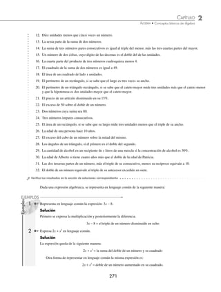 2 CAPÍTULO
MATEMÁTICAS SIMPLIFICADAS
270
Lenguaje algebraico
Expresa oraciones de lenguaje común en términos algebraicos.
Ejemplos
Expresa las siguientes oraciones del lenguaje común al lenguaje algebraico.
Lenguaje común Lenguaje algebraico
1. Un número cualquiera. m
2. Un número cualquiera aumentado en siete. j + 7
3. La diferencia de dos números cualesquiera. f − q
4. El doble de un número excedido en cinco. 2x + 5
5. La división de un número entero entre su antecesor.
x
x −1
6. La mitad de un número.
d
2
7. El cuadrado de un número. y2
8. La semisuma de dos números.
b c
+
2
9. Las dos terceras partes de un número disminuido en cinco es igual a 12.
2
3
5 12
( )
x − =
10. Tres números naturales consecutivos. x, x +1, x +2
11. La parte mayor de 1200, si la menor es w. 1200 − w
12. El cuadrado de un número aumentado en siete. b2
+ 7
13. Las tres quintas partes de un número más la mitad de su consecutivo equivalen a 3.
3
5
1
2
1 3
p p
+ +
( )=
14. La raíz cuadrada de la diferencia de dos cantidades. a b
−
15. El producto de un número positivo con su antecesor equivale a 30. x x −
( )=
1 30
16. El cubo de un número más el triple del cuadrado de dicho número. x x
3 2
3
+
EJERCICIO 22
Expresa en lenguaje algebraico las siguientes oraciones:
1. Un número disminuido en tres.
2. El triple de un número excedido en ocho.
3. El cociente de dos números cualesquiera.
4. La parte mayor de 100 si la parte menor es x.
5. Dos números enteros consecutivos.
6. Tres números enteros pares consecutivos.
7. El cuadrado de la suma de dos números cualesquiera.
8. La suma de los cuadrados de dos números cualesquiera.
9. El recíproco de un número.
10. La raíz cúbica de la diferencia de dos números cualesquiera.
11. La suma de las raíces cuadradas de dos números cualesquiera.
www.FreeLibros.org
 
