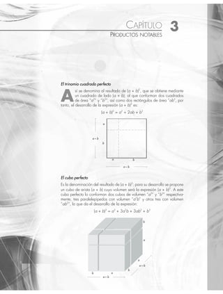 2 CAPÍTULO
MATEMÁTICAS SIMPLIFICADAS
292
Para saber cuál es la superﬁcie, se resta al área del rectángulo el área del corredor:
A = (143x2
+ 7x − 6) − (16x2
− 8x)
= 143x2
+ 7x − 6 − 16x2
+ 8x
= 127x2
+ 15x − 6
Por tanto, la superﬁcie es: 127x2
+ 15x − 6
EJERCICIO 33
Resuelve los siguientes problemas.
1. Una partícula recorre 5 4 7
2
t t
+ + metros, después recorre t2
4
− y, ﬁnalmente, − +
5 3
t metros. ¿Cuál es la distancia
total de su recorrido?
2. Una empresa obtiene con la venta de un artículo un ingreso de 3 7 6400
2
x x
− + y sus costos de producción son de
2 9 2000
2
x x
− + . ¿Cuál es la utilidad que obtiene dicha compañía?
3. Un obrero pinta una barda, cuya superﬁcie es de 8 6 9
2 2
x xy y
+ + metros cuadrados, si le faltan por pintar 3 8
2 2
x y
+
metros cuadrados, ¿qué superﬁcie lleva pintada?
4. Un producto tiene un precio en el mercado de 5y + 3 pesos, si se venden 3y + 1 productos. ¿Cuál es el ingreso que
se obtuvo?
5. Si un terreno rectangular mide 4x − 3y metros de largo y 5x + 2y metros de ancho, ¿cuál es su superﬁcie?
6. Las dimensiones de una caja en decímetros son: 2w − 3 de largo, 3w + 1 de ancho y 2w + 1 de altura. ¿Cuál es su
volumen?
7. Se tienen 12 5 2
2 2
x xy y
− − litros de aceite y se van a envasar en botellas de 3x − 2y litros de capacidad, ¿cuántas
botellas se van a emplear?
8. Un móvil se mueve a razón de 3 4 2
3 2
t t t
− + − metros por segundo, calcula la distancia que recorre en un tiempo de
2t + 1 segundos (distancia = (velocidad)(tiempo)).
Utiliza el plano del ejemplo 4 de la página anterior, para calcular lo siguiente:
9. La superﬁcie de las recámaras.
10. El área del baño.
11. La superﬁcie de la cocina.
12. El área del comedor.
⁄Veriﬁca tus resultados en la sección de soluciones correspondiente
www.FreeLibros.org
 