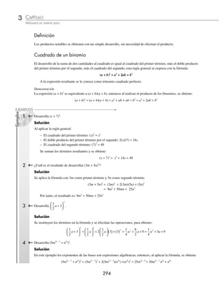 CAPÍTULO 3
PRODUCTOS NOTABLES
El trinomio cuadrado perfecto
A
sí se denomina al resultado de (a + b)2
, que se obtiene mediante
un cuadrado de lado (a + b); al que conforman dos cuadrados
de área “a2
” y “b2
”, así como dos rectángulos de área “ab”, por
tanto, el desarrollo de la expresión (a + b)2
es:
(a + b)2
= a2
+ 2ab + b2
a b
a
b
a + b
a + b
El cubo perfecto
Es la denominación del resultado de (a + b)3
; para su desarrollo se propone
un cubo de arista (a + b) cuyo volumen será la expresión (a + b)3
. A este
cubo perfecto lo conforman dos cubos de volumen “a3
” y “b3
” respectiva-
mente, tres paralelepípedos con volumen “a2
b” y otros tres con volumen
“ab2
”, lo que da el desarrollo de la expresión:
(a + b)3
= a3
+ 3a2
b + 3ab2
+ b3
a
a + b
a
a
b
b
b
a + b
www.FreeLibros.org
 