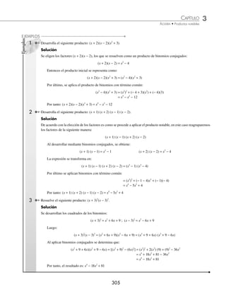 3 CAPÍTULO
MATEMÁTICAS SIMPLIFICADAS
304
(continuación)
El desarrollo del cubo de la diferencia de dos cantidades se obtiene con la fórmula:
(a – b)3
= a3
– 3a2
b + 3ab2
– b3
Al utilizar la fórmula los términos se sustituyen con signo positivo.
4 ¿Cuál es el resultado de (3x4
− 2y3
)3
?
Solución
Se aplica la fórmula y se determina que:
(3x4
− 2y3
)3
= (3x4
)3
− 3(3x4
)2
(2y3
) +3(3x4
)(2y3
)2
− (2y3
)3
= 27x12
− 3(9x8
)(2y3
) + 3(3x4
)(4y6
) − 8y9
= 27x12
− 54x8
y3
+ 36x4
y6
− 8y9
EJERCICIO 37
Desarrolla los siguientes binomios al cubo:
1. (x − 1)3
9. (2x + 1)3
17. (3m4
− 4m3
n)3
2. (m + 6)3
10. (3a − 4)3
18. x +
⎛
⎝
⎜
⎞
⎠
⎟
1
3
3
3. (x − 2)3
11. (2x + 3)3
19. x −
⎛
⎝
⎜
⎞
⎠
⎟
1
2
3
4. (a + 10)3
12. (1 − 4m)3
20.
2
3
1
4
3
x −
⎛
⎝
⎜
⎞
⎠
⎟
5. (n − 7)3
13. (3x − 4y)3
21.
3
5
4
3
3
x y
+
⎛
⎝
⎜
⎞
⎠
⎟
6. (x + 3)3
14. (5m2
+ 2n5
)3
22.
1
2
3
4
3
a b
−
⎛
⎝
⎜
⎞
⎠
⎟
7. (1 − x)3
15. (3x3
y − 2z4
)3
23.
1
3
4
3
x y
+
⎛
⎝
⎜
⎞
⎠
⎟
8. (10 − m)3
16. (4x2
+ 2xy)3
24. 2 3
2 3 4 1 3
x y
a a
− +
−
( )
⁄Veriﬁca tus resultados en la sección de soluciones correspondiente
Multiplicaciones que se resuelven con la aplicación de productos notables
Se utiliza para resolver una multiplicación de polinomios, siempre que las características de los factores permitan
aplicar las reglas de los productos notables. Se agrupan las expresiones y se desarrolla el producto notable que corres-
ponda a las características de los mismos; con los factores resultantes se aplica el mismo procedimiento hasta obtener
el resultado.
www.FreeLibros.org
 