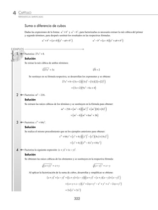 CAPÍTULO 4
ÁLGEBRA • Factorización
321
Se multiplican los numeradores de los extremos: (120)(6) = 720, entonces se buscan dos números que multiplicados
den 720 y restados 29, los cuales son: 45 y 16, por tanto, la expresión se representa como:
120
20
29
20
6
20
120
20
45
20
16
20
6
20
6
2 2
x x x x x
− − = − + − = x
x x x
2 9
4
4
5
6
20
− + − =
Al factorizar se obtiene como resultado:
6
9
4
4
5
6
20
3 2
3
4
2
5
2
3
4
2
x x x x x x
− + − = −
⎛
⎝
⎜
⎞
⎠
⎟ + −
⎛
⎝
⎜
⎞
⎠
⎟ =
= −
⎛
⎝
⎜
⎞
⎠
⎟ +
⎛
⎝
⎜
⎞
⎠
⎟
2
3
4
3
2
5
x x
3 Factoriza la expresión 3 2 8
x x
+ − .
Solución
Se multiplican los coeﬁcientes de los extremos: (3)(8) = 24
Se buscan dos números que al multiplicarse den 24 y restados 2, en este caso los números son 6 y 4, entonces:
3 2 8 3 6 4 8
x x x x x
+ − = + − −
Se expresa x x
= ( )
2
y se realiza la factorización:
3 6 4 8 3 6 4 8 3 2 4 2
2
x x x x x x x x x
+ − − = ( ) + − − = +
( )− +
( )
= +
( ) −
( )
x x
2 3 4
Por consiguiente, el resultado de la factorización es: x x
+
( ) −
( )
2 3 4
EJERCICIO 45
Factoriza las siguientes expresiones:
1. 3
7
4
1
8
2
x x
+ + 10. 2 13 15
x x
+ +
2. 2
7
15
2
15
2
x x
+ − 11. 12 5 2
x x
− −
3. 6
15
4
3
8
2
x x
+ + 12. 15 23 28
x x
− −
4. 5
23
6
1
3
2
m m
+ + 13. 2 5 3
1
2
1
2
x x y y
− −
5. 4
17
15
1
15
2
m m
+ − 14. 6 40
2
3
1
3
x x
− −
6.
1
6
17
72
1
12
2
a a
+ + 15. 3 5 2
2
3
1
3
x x
+ −
7.
2
3
1
12
1
8
2 2
x xy y
− − 16. 5 6 8
x y x y
+
( )− + −
8.
3
25
3
20
1
12
2
x x
− − 17. 12 17 40
4
3
2
3
1
2
x x y y
− −
9.
1
24
13
72
1
6
2 2
x xy y
− + 18. 8 2 15
4
3
2
3
2
3
4
3
x x y y
+ −
⁄Veriﬁca tus resultados en la sección de soluciones correspondiente
www.FreeLibros.org
 