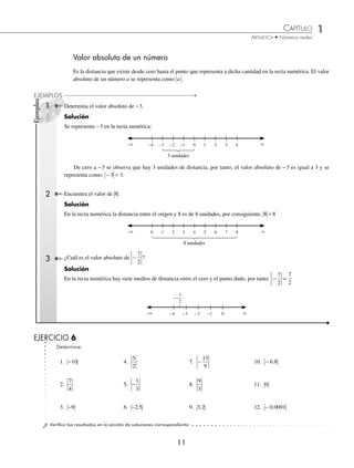 CAPÍTULO 1
ARITMÉTICA • Números reales
11
Valor absoluto de un número
Es la distancia que existe desde cero hasta el punto que representa a dicha cantidad en la recta numérica. El valor
absoluto de un número a se representa como a .
2
Ejemplos
EJEMPLOS
1
Determina:
EJERCICIO 6
⁄Veriﬁca tus resultados en la sección de soluciones correspondiente
1. −10 4.
5
2
7. −
13
9
10. − 6 8
.
2.
7
4
5. −
1
3
8.
9
3
11. 0
3. −9 6. −2 5
. 9. 3 2
. 12. − 0 0001
.
3
3 unidades
− −4 −3 −2 −1 0 1 2 3 4 
8 unidades
− 0 1 2 3 4 5 6 7 8 
Determina el valor absoluto de −3.
Solución
Se representa −3 en la recta numérica:
De cero a −3 se observa que hay 3 unidades de distancia, por tanto, el valor absoluto de −3 es igual a 3 y se
representa como: − =
3 3.
Encuentra el valor de 8 .
Solución
En la recta numérica la distancia entre el origen y 8 es de 8 unidades, por consiguiente, 8 8
=
¿Cuál es el valor absoluto de −
7
2
?
Solución
En la recta numérica hay siete medios de distancia entre el cero y el punto dado, por tanto: −
7
2
=
7
2
− −4 −3 −2 −1 0 
−
7
2
www.FreeLibros.org
 