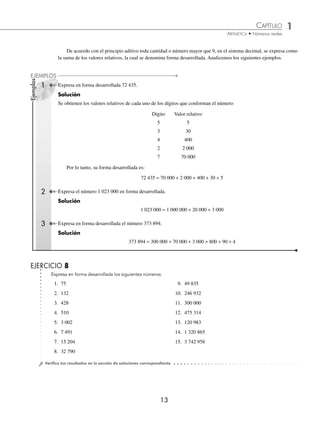 CAPÍTULO 1
ARITMÉTICA • Números reales
13
Ejemplos
EJEMPLOS
1 Expresa en forma desarrollada 72 435.
Solución
Se obtienen los valores relativos de cada uno de los dígitos que conforman el número:
Dígito Valor relativo
5 5
3 30
4 400
2 2 000
7 70 000
Por lo tanto, su forma desarrollada es:
72 435 = 70 000 + 2 000 + 400 + 30 + 5
Expresa el número 1 023 000 en forma desarrollada.
Solución
1 023 000 = 1 000 000 + 20 000 + 3 000
Expresa en forma desarrollada el número 373 894.
Solución
373 894 = 300 000 + 70 000 + 3 000 + 800 + 90 + 4
De acuerdo con el principio aditivo toda cantidad o número mayor que 9, en el sistema decimal, se expresa como
la suma de los valores relativos, la cual se denomina forma desarrollada. Analicemos los siguientes ejemplos.
EJERCICIO 8
⁄Veriﬁca tus resultados en la sección de soluciones correspondiente
1. 75
2. 132
3. 428
4. 510
5. 3 002
6. 7 491
7. 15 204
8. 32 790
9. 49 835
10. 246 932
11. 300 000
12. 475 314
13. 120 983
14. 1 320 865
15. 3 742 958
Expresa en forma desarrollada los siguientes números:
2
3
www.FreeLibros.org
 